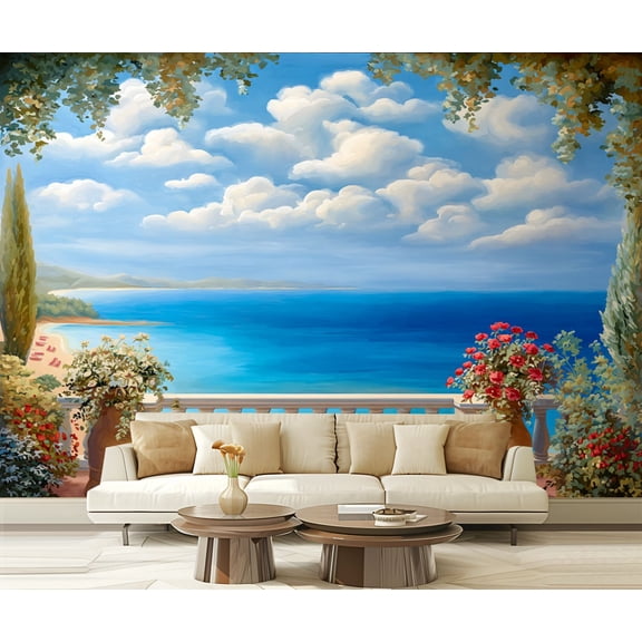 Wall Mural Peel and Stick Seaside Balcony Overlooking Calm Blue Ocean Flowering Pots Greenery Self-Adhesive Wallpaper Removable Wall Decal Wall Sticker Home Decor for Living Room Bedroom 100"x144"