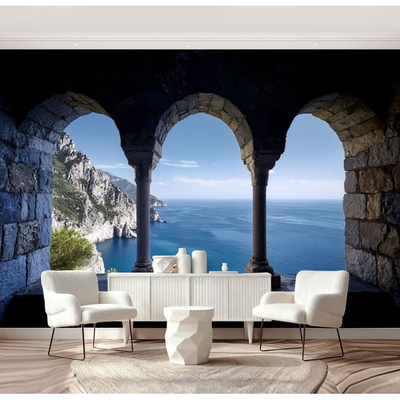 Wall Mural Peel and Stick Seaside View Archway Towering Cliffs Azure Ocean Self-Adhesive Wallpaper Removable Wall Decal Wall Sticker Home Decor for Living Room Bedroom 69"x96"