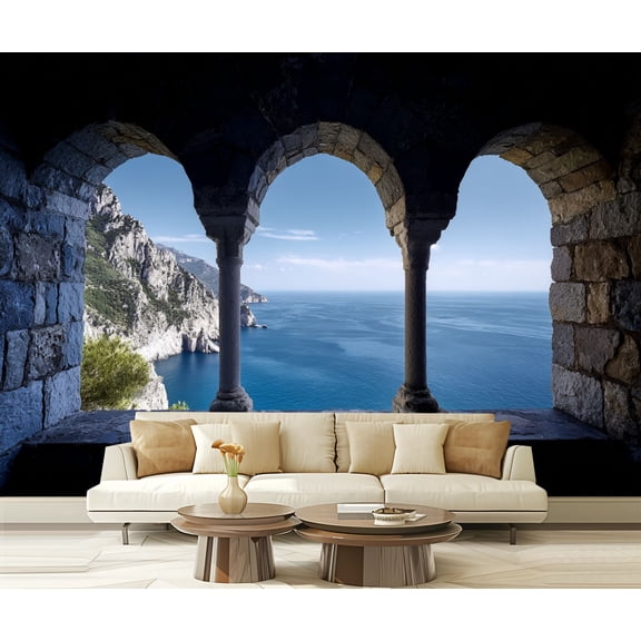 Wall Mural Peel and Stick Seaside View Archway Towering Cliffs Azure Ocean Self-Adhesive Wallpaper Removable Wall Decal Wall Sticker Home Decor for Living Room Bedroom 100"x144"