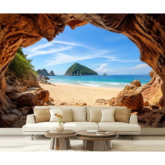 Wall Mural Peel and Stick Seaside View Cave Opening Sandy Beach Greenery Self-Adhesive Wallpaper Removable Wall Decal Wall Sticker Home Decor for Living Room Bedroom 100"x144"