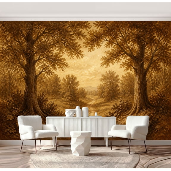 Wall Mural Peel and Stick Sepia Toned Vintage Forest Pathway Tall Trees Scenic Horizon Self-Adhesive Wallpaper Removable Wall Decal Wall Sticker Home Decor for Living Room Bedroom 69"x96"