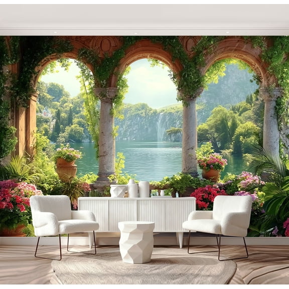 Wall Mural Peel and Stick Serene Garden Overlooking Tranquil Lake Greenery Floral Archway Self-Adhesive Wallpaper Removable Wall Decal Wall Sticker Home Decor for Living Room Bedroom 69"x96"