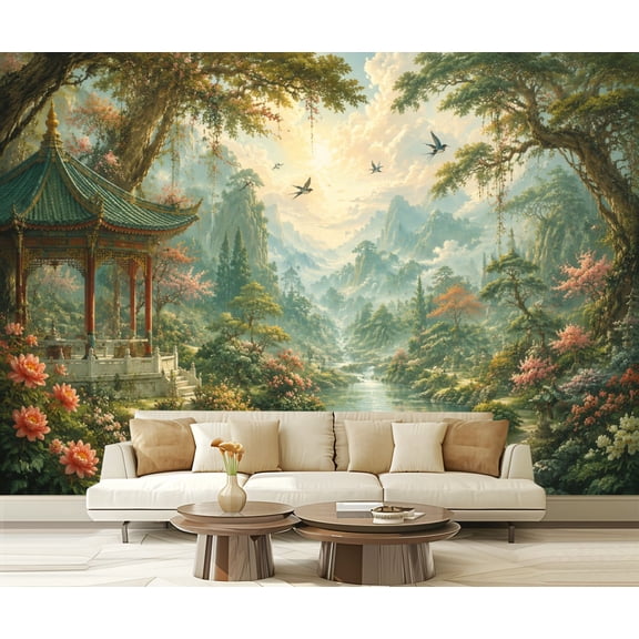 Wall Mural Peel and Stick Serene Oriental Landscape Pagoda Nature Chinoiserie Self-Adhesive Wallpaper Removable Wall Decal Wall Sticker Home Decor for Living Room Bedroom 100"x144"
