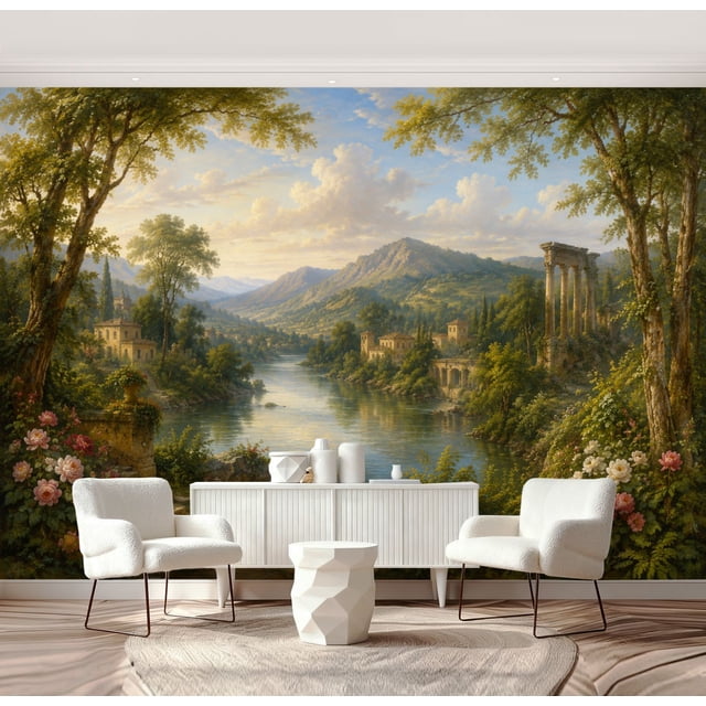 Wall Mural Peel and Stick Serene River Valley Landscape Mountain View ...