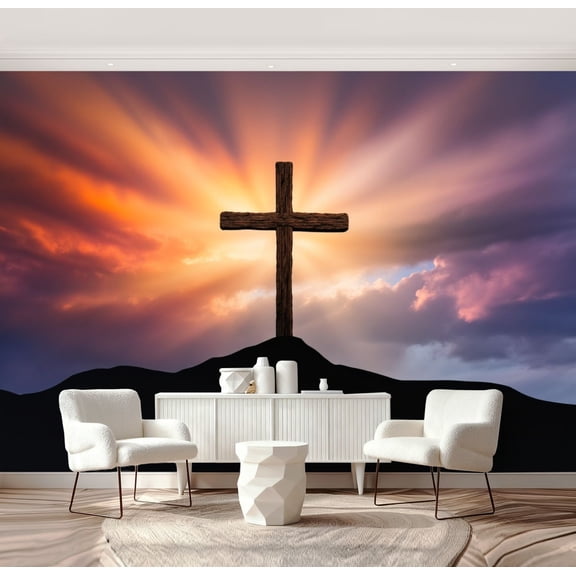 Wall Mural Peel and Stick Silhouette Cross Sunrise Self-Adhesive Wallpaper Removable Wall Decal Wall Sticker Home Decor for Living Room Bedroom 69"x96"