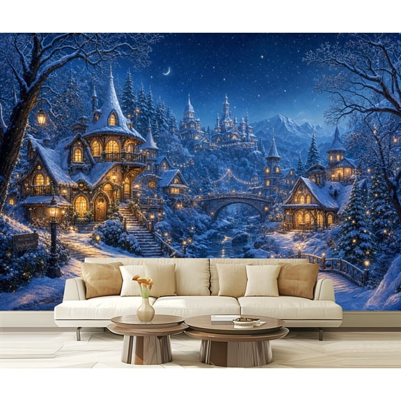 Wall Mural Peel and Stick Snowy Fantasy Village Landscape Warm Glowing Cottages Castle Frozen Self-Adhesive Wallpaper Removable Wall Decal Wall Sticker Home Decor for Living Room Bedroom 100"x144"