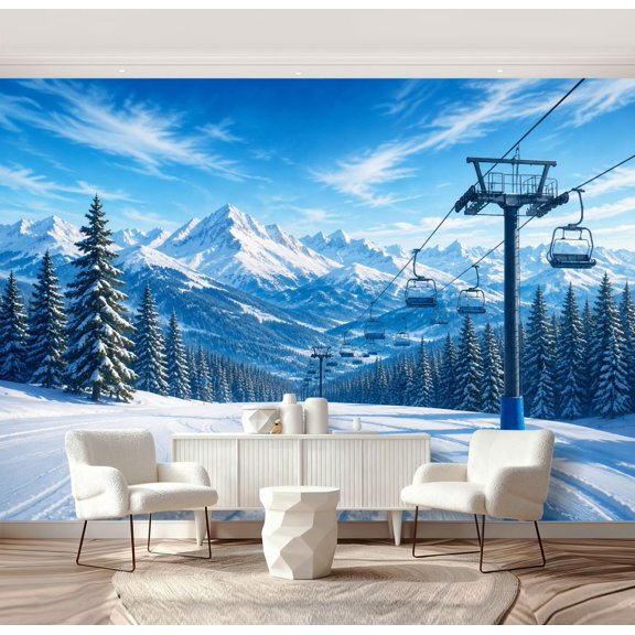 Wall Mural Peel and Stick Snowy Mountain Ski Resort Chairlift Pine Trees Winter Landscape Self-Adhesive Wallpaper Removable Wall Decal Wall Sticker Home Decor for Living Room Bedroom 69"x96"
