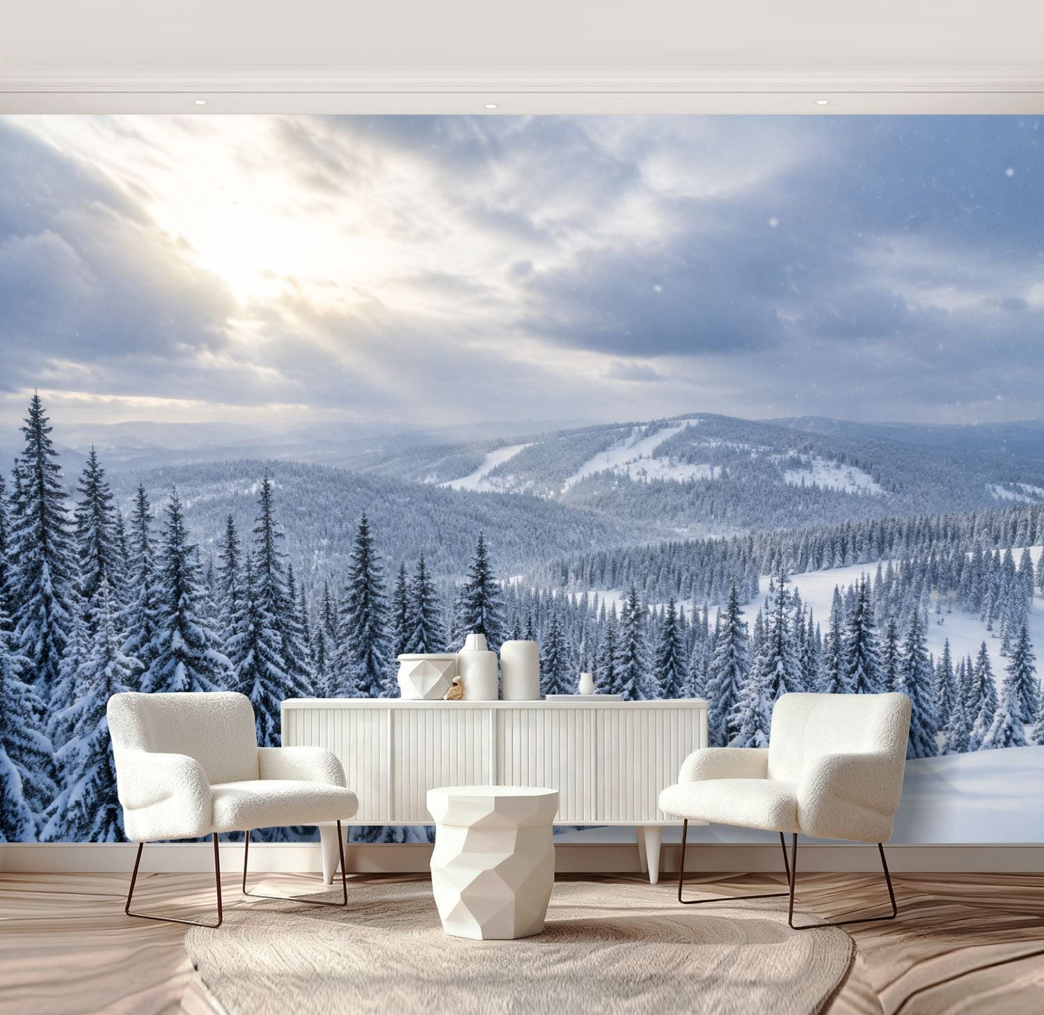 Wall Mural Peel and Stick Snowy Pine Forest Scenic Mountain View Sunset ...