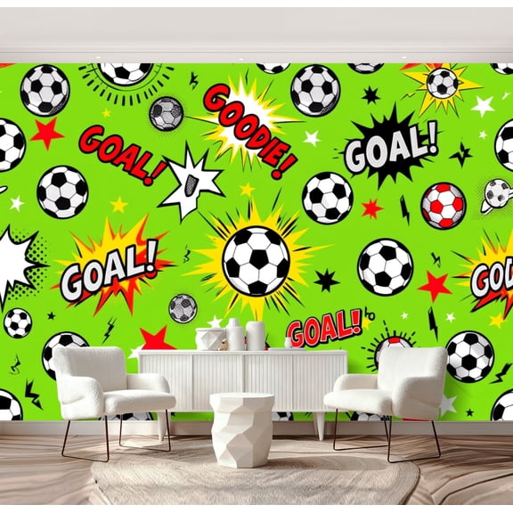 Wall Mural Peel and Stick Soccer Ball Pop Art Comic Goal Bright Green Self-Adhesive Wallpaper Removable Wall Decal Wall Sticker Home Decor for Living Room Bedroom 69"x96"