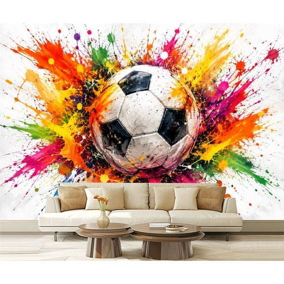 Wall Mural Peel and Stick Soccer Ball Vibrant Colorful Paint Splatter Design White Self-Adhesive Wallpaper Removable Wall Decal Wall Sticker Home Decor for Living Room Bedroom 100"x144"