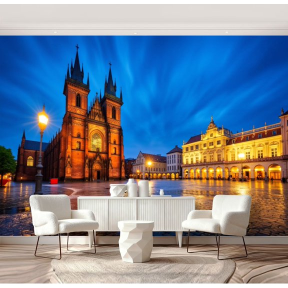 Wall Mural Peel and Stick St Mary s Basilica Krakow Main Square Dusk Krakow Poland Self-Adhesive Wallpaper Removable Wall Decal Wall Sticker Home Decor for Living Room Bedroom 69"x96"