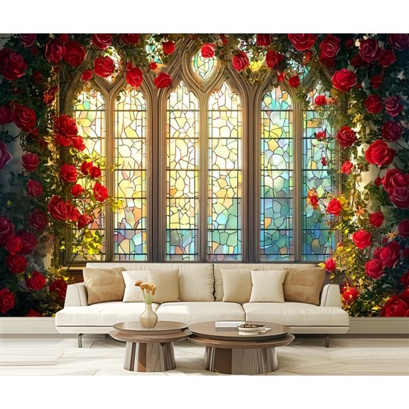 Wall Mural Peel and Stick Stained Glass Window Surrounded by Red Roses Floral Vines Self-Adhesive Wallpaper Removable Wall Decal Wall Sticker Home Decor for Living Room Bedroom 100"x144"
