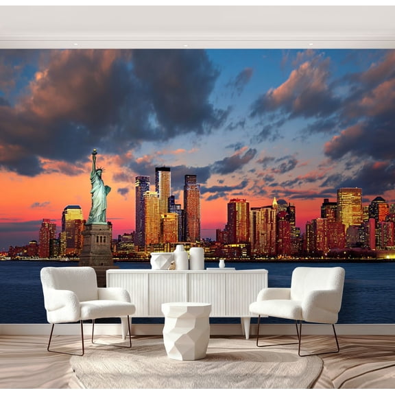 Wall Mural Peel and Stick Statue Liberty New City Skyline Financial World Self-Adhesive Wallpaper Removable Wall Decal Wall Sticker Home Decor for Living Room Bedroom 69"x96"