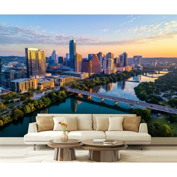Wall Mural Peel and Stick Sunrise Cityscape Austin Texas Golden Hour Tranquil Lady Bird Lake Self-Adhesive Wallpaper Removable Wall Decal Wall Sticker Home Decor for Living Room Bedroom 100"x144"