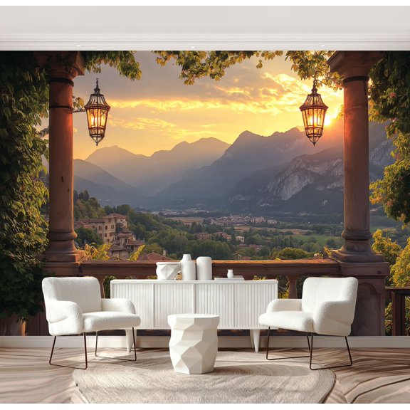 Wall Mural Peel and Stick Sunset Mountain Valley View from Stone Balcony Hanging Lanterns Green Self-Adhesive Wallpaper Removable Wall Decal Wall Sticker Home Decor for Living Room Bedroom 69"x96"