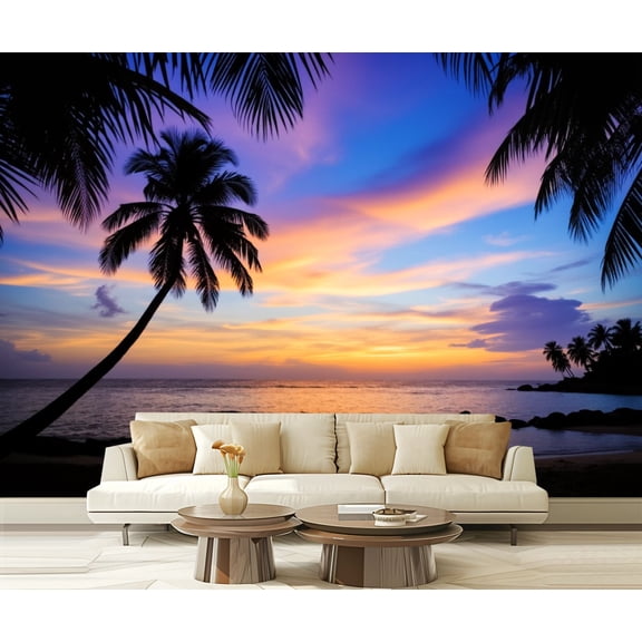 Wall Mural Peel and Stick Sunset Sihouette Palm Tree Poipu Beach Hawaii Self-Adhesive Wallpaper Removable Wall Decal Wall Sticker Home Decor for Living Room Bedroom 100"x144"