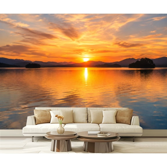 Wall Mural Peel and Stick Sunset water Sunset Sky Gold Colored Lake Sea Yellow Cloud Sky Self-Adhesive Wallpaper Removable Wall Decal Wall Sticker Home Decor for Living Room Bedroom 100"x144"