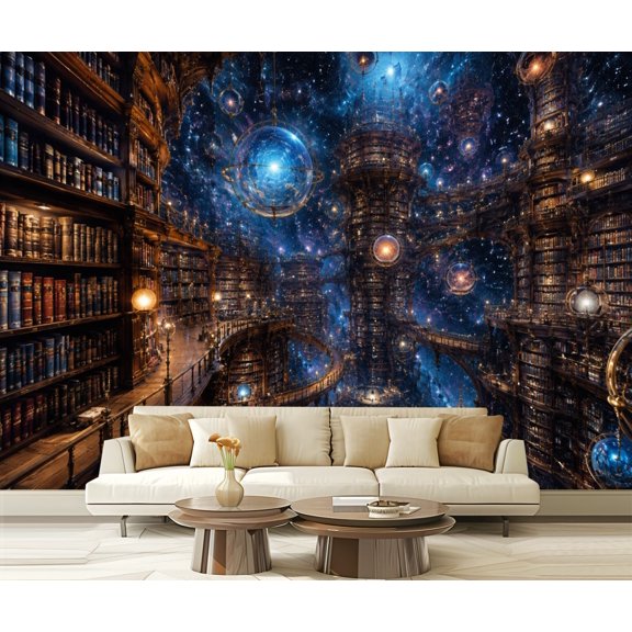 Wall Mural Peel and Stick Surreal Cosmic Library Floating Bookshelves Galaxy Bookshelf Self-Adhesive Wallpaper Removable Wall Decal Wall Sticker Home Decor for Living Room Bedroom 100"x144"