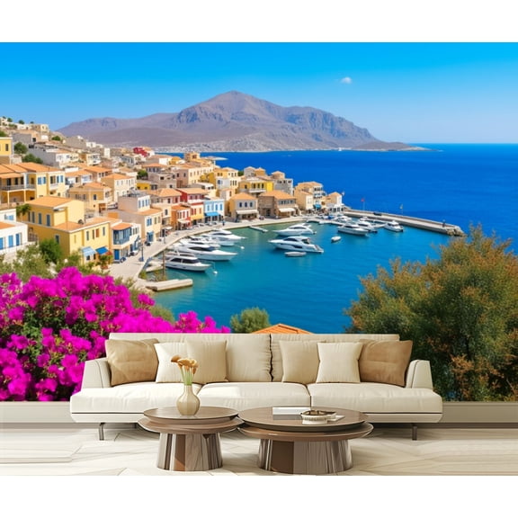 Wall Mural Peel and Stick Symi town cityscape Dodecanese islands Greece Self-Adhesive Wallpaper Removable Wall Decal Wall Sticker Home Decor for Living Room Bedroom 100"x144"