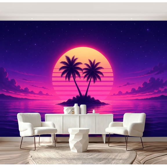Wall Mural Peel and Stick Synthwave palm trees lone island Self-Adhesive Wallpaper Removable Wall Decal Wall Sticker Home Decor for Living Room Bedroom 69"x96"