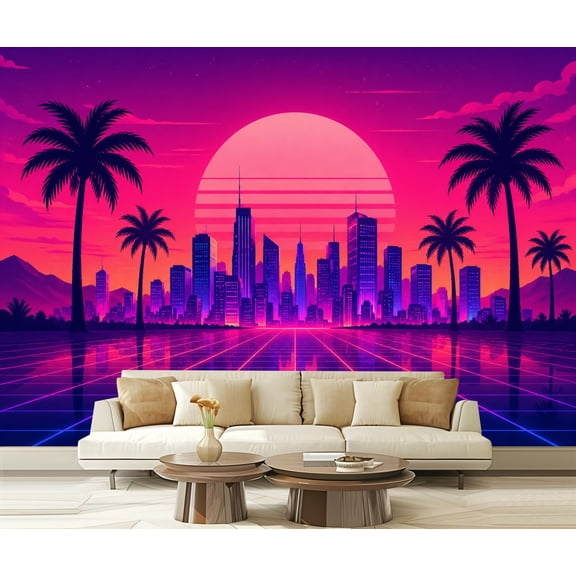 Wall Mural Peel and Stick Synthwave retro city palm trees Self-Adhesive Wallpaper Removable Wall Decal Wall Sticker Home Decor for Living Room Bedroom 100"x144"