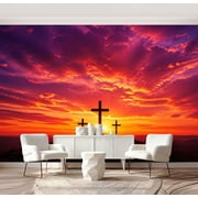 Wall Mural Peel and Stick Three Christian Easter Crosses Hill Calvary Colorful Clouds Sky Self-Adhesive Wallpaper Removable Wall Decal Wall Sticker Home Decor for Living Room Bedroom 69"x96"
