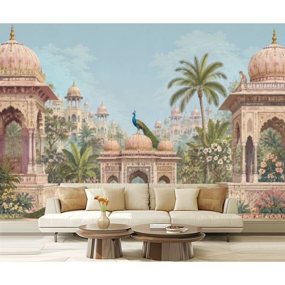 Wall Mural Peel and Stick Traditional Indian temple complex garden peacock monkey Self-Adhesive Wallpaper Removable Wall Decal Wall Sticker Home Decor for Living Room Bedroom 100"x144"