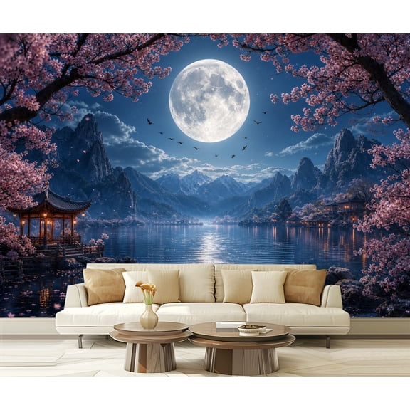Wall Mural Peel and Stick Tranquil Night Scene Full Moon Cherry Blossoms Reflective Lake Self-Adhesive Wallpaper Removable Wall Decal Wall Sticker Home Decor for Living Room Bedroom 100"x144"