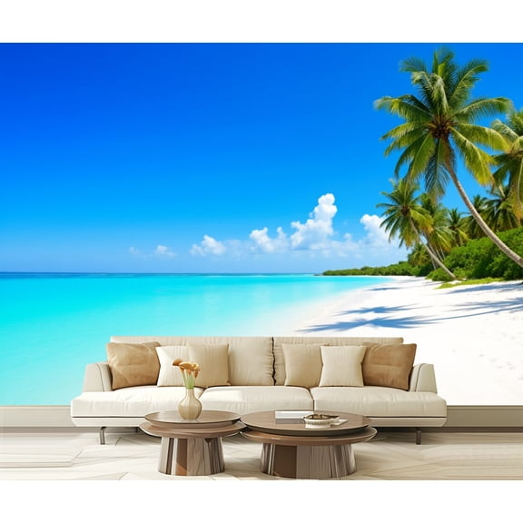 Wall Mural Peel and Stick Tropical Beach Clear Turquoise Waters Palm Trees Self-Adhesive Wallpaper Removable Wall Decal Wall Sticker Home Decor for Living Room Bedroom 100"x144"