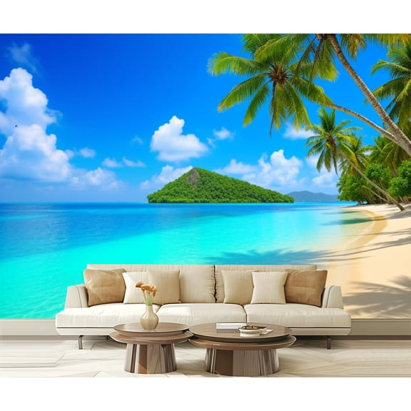Wall Mural Peel and Stick Tropical Beach Crystal Clear Water White Sand Palm Trees Self-Adhesive Wallpaper Removable Wall Decal Wall Sticker Home Decor for Living Room Bedroom 100"x144"