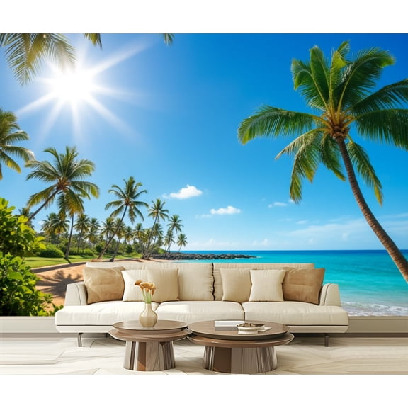 Wall Mural Peel and Stick Tropical Beach Palm Trees Crystal Water Self-Adhesive Wallpaper Removable Wall Decal Wall Sticker Home Decor for Living Room Bedroom 100"x144"