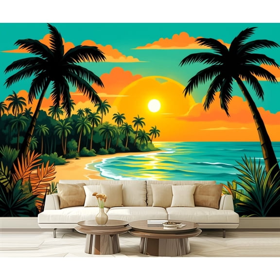 Wall Mural Peel and Stick Tropical Beach Sunset Palm Trees Vibrant Sky Self-Adhesive Wallpaper Removable Wall Decal Wall Sticker Home Decor for Living Room Bedroom 100"x144"