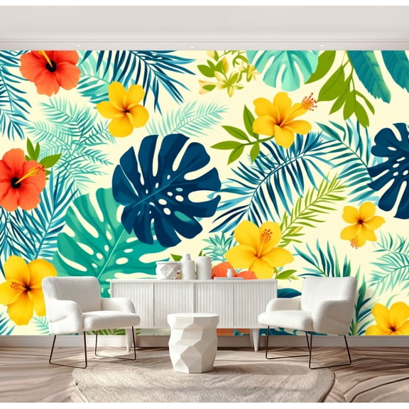 Wall Mural Peel and Stick Tropical Floral Hibiscus Flowers Monstera Leaves Vibrant Colors Self-Adhesive Wallpaper Removable Wall Decal Wall Sticker Home Decor for Living Room Bedroom 69"x96"
