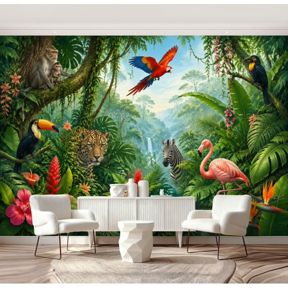 Wall Mural Peel and Stick Tropical Jungle Scene Exotic Animals Greenery Self-Adhesive Wallpaper Removable Wall Decal Wall Sticker Home Decor for Living Room Bedroom 69"x96"