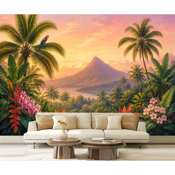 Wall Mural Peel and Stick Tropical Landscape Vibrant Flowers Palms Sunset Mountain View Self-Adhesive Wallpaper Removable Wall Decal Wall Sticker Home Decor for Living Room Bedroom 100"x144"