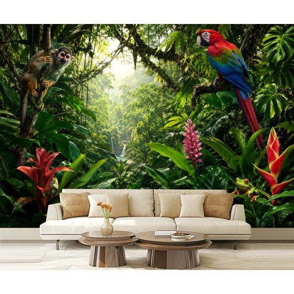 Wall Mural Peel and Stick Tropical Rainforest Colorful Parrots Flowers Exotic Foliage Self-Adhesive Wallpaper Removable Wall Decal Wall Sticker Home Decor for Living Room Bedroom 100"x144"