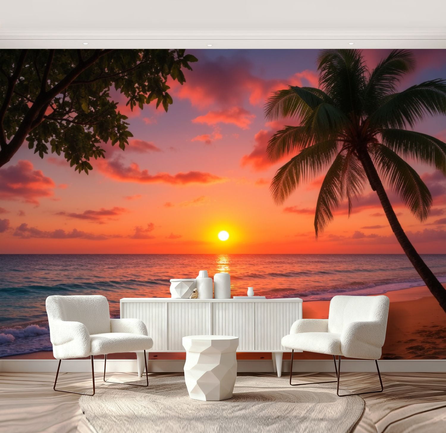 Wall Mural Peel and Stick Tropical Sunset Beach Palm Trees Calm Ocean ...