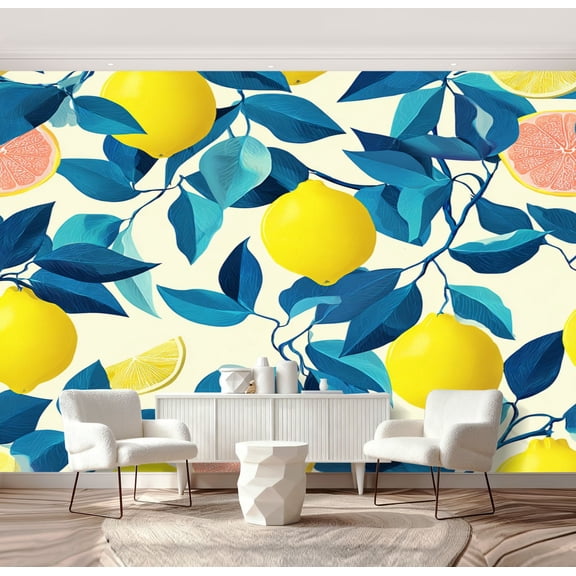 Wall Mural Peel and Stick Tropical seamless yellow lemons Fruit repeated Self-Adhesive Wallpaper Removable Wall Decal Wall Sticker Home Decor for Living Room Bedroom 69"x96"