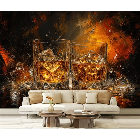 Wall Mural Peel and Stick Two Whiskey Glasses Ice Reflective Surface Against Abstract Fiery Self-Adhesive Wallpaper Removable Wall Decal Wall Sticker Home Decor for Living Room Bedroom 100"x144"