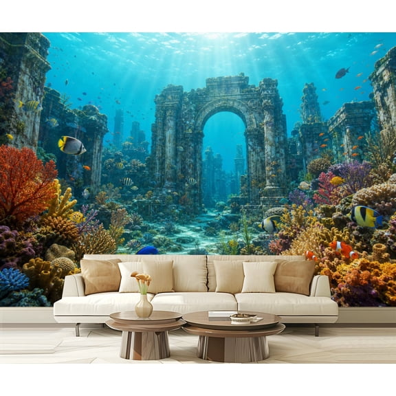 Wall Mural Peel and Stick Underwater Ancient Ruins Coral Tropical Fish Blue Ocean Light Fantasy Self-Adhesive Wallpaper Removable Wall Decal Wall Sticker Home Decor for Living Room Bedroom 100"x144"