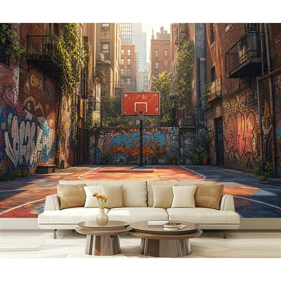 Wall Mural Peel and Stick Urban Basketball Court Vibrant Graffiti Rustic Buildings Self-Adhesive Wallpaper Removable Wall Decal Wall Sticker Home Decor for Living Room Bedroom 100"x144"