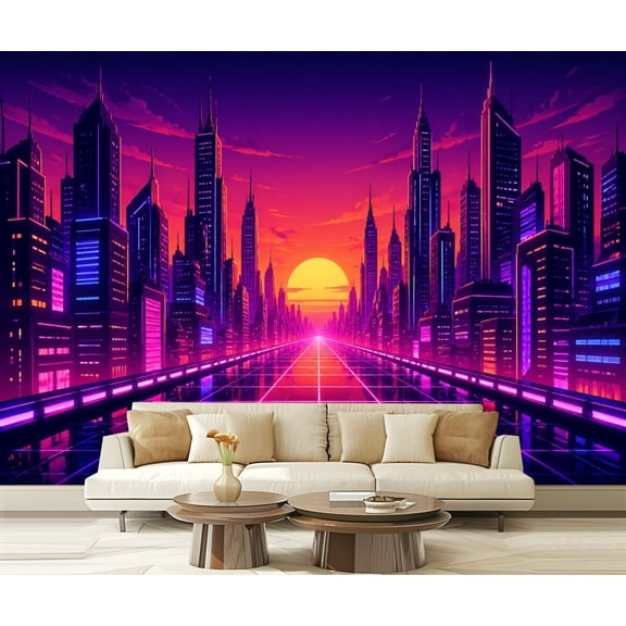 Wall Mural Peel and Stick Vaporwave city 3D rendering Self-Adhesive Wallpaper Removable Wall Decal Wall Sticker Home Decor for Living Room Bedroom 100"x144"
