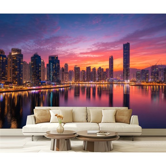Wall Mural Peel and Stick Vibrant Cityscape Sunset Illuminated Skyscrapers Skyline Reflection Self-Adhesive Wallpaper Removable Wall Decal Wall Sticker Home Decor for Living Room Bedroom 100"x144"