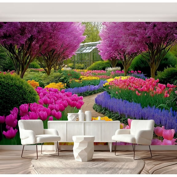 Wall Mural Peel and Stick Vibrant Spring Garden Colorful Tulips Flower Beds Blossoming Trees Self-Adhesive Wallpaper Removable Wall Decal Wall Sticker Home Decor for Living Room Bedroom 69"x96"