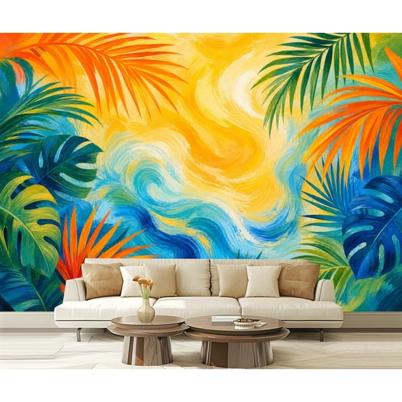 Wall Mural Peel and Stick Vibrant Tropical Palm Leaves Yellow Blue Abstract Self-Adhesive Wallpaper Removable Wall Decal Wall Sticker Home Decor for Living Room Bedroom 100"x144"