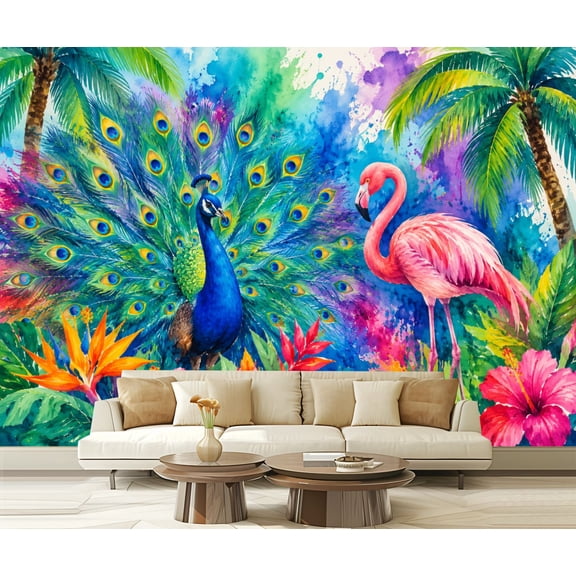 Wall Mural Peel and Stick Vibrant Tropical Peacock Exotic Flowers Palm Trees Self-Adhesive Wallpaper Removable Wall Decal Wall Sticker Home Decor for Living Room Bedroom 100"x144"