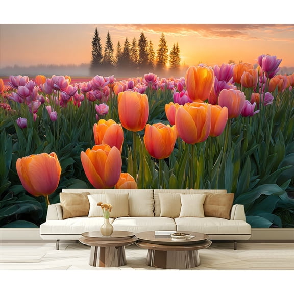Wall Mural Peel and Stick Vibrant Tulip Field Sunrise Orange Pink Blooms Self-Adhesive Wallpaper Removable Wall Decal Wall Sticker Home Decor for Living Room Bedroom 100"x144"