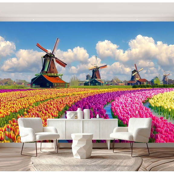 Wall Mural Peel and Stick Vibrant Tulip Fields Colorful Rows Traditional Dutch Windmills under Self-Adhesive Wallpaper Removable Wall Decal Wall Sticker Home Decor for Living Room Bedroom 69"x96"