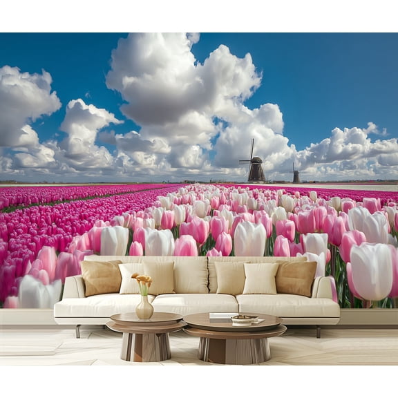 Wall Mural Peel and Stick Vibrant Tulip Fields Windmill under Dramatic Clouds Self-Adhesive Wallpaper Removable Wall Decal Wall Sticker Home Decor for Living Room Bedroom 100"x144"