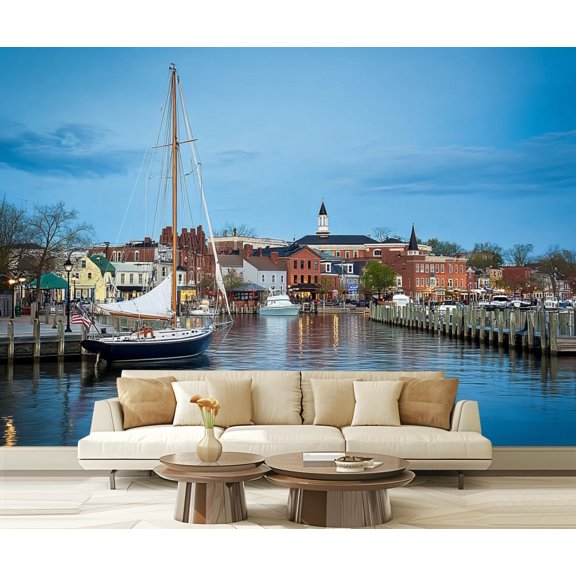 Wall Mural Peel and Stick View boats by Annapolis Harbor city Self-Adhesive Wallpaper Removable Wall Decal Wall Sticker Home Decor for Living Room Bedroom 100"x144"